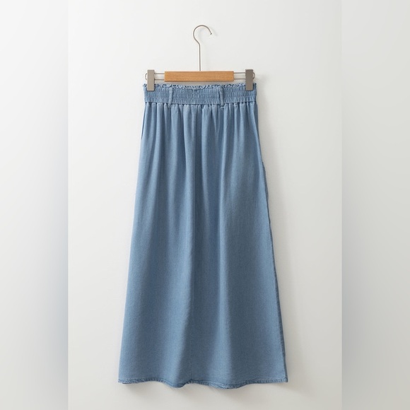 Elastic Waist Flowy Tencel Denim Maxi Skirt A Line Button Ruffle Cargo Long Jean - Picture 2 of 9